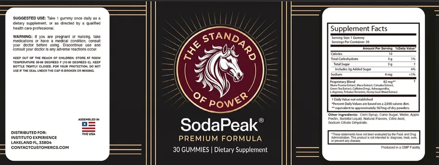 SodaPeak full bottle label with Supplement Facts: serving size 1 gummy, 30 servings, 82 mg proprietary blend